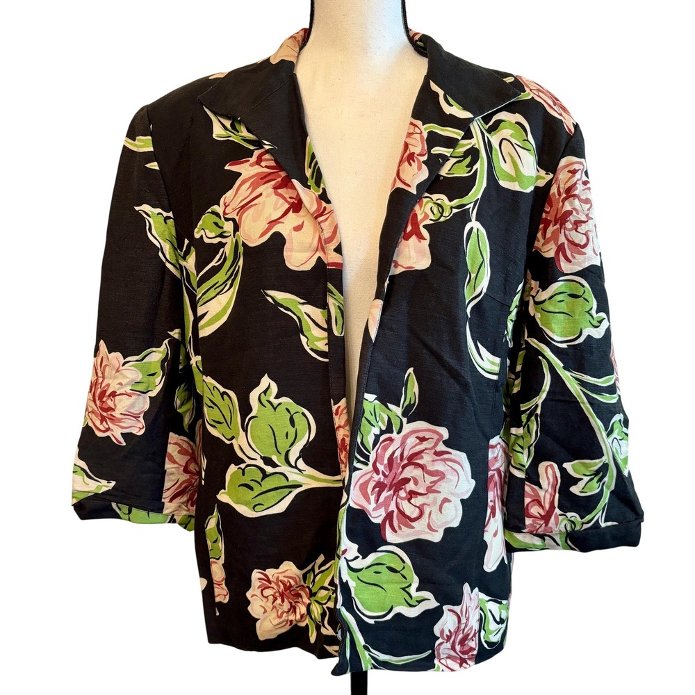 Cute Linen Blend 90s Black No Close Jacket with Large Print Pink Flowers Size 14